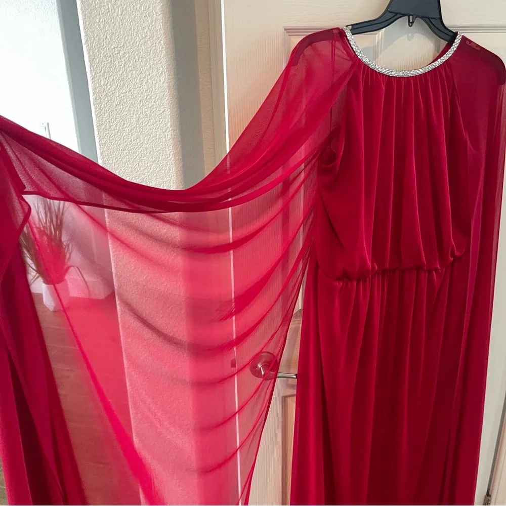 R&M Richards Sheer Cape Vibrant Red Dress with Embellished Trim